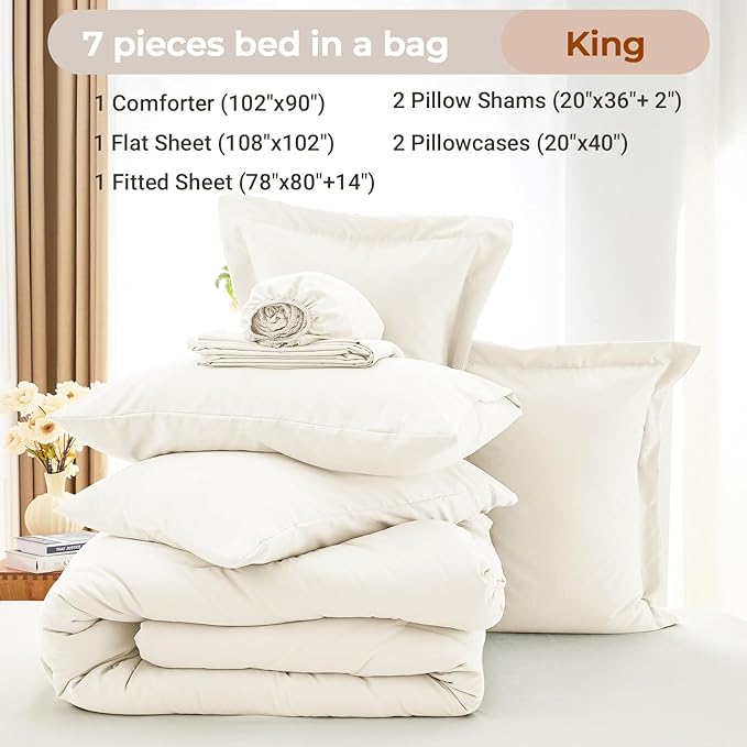 MUXHOMO 7 Pieces King Comforter Set, Soft Bed in a Bag King Size, All Season Bedding Set with Comforter, Flat Sheet, Fitted Sheet, Pillowcases & Shams, Ivory
