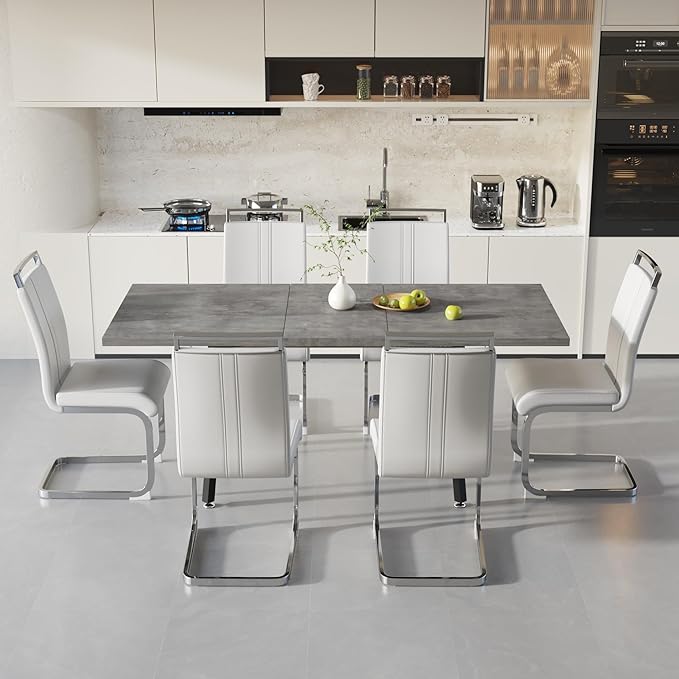 7 Piece Dining Table Set for 6-8,55-71" Extendable Dining Table Set with 6 Upholstered Chairs,Rectangle Kitchen Table Set for Small Space,Dining Room and Office,Grey