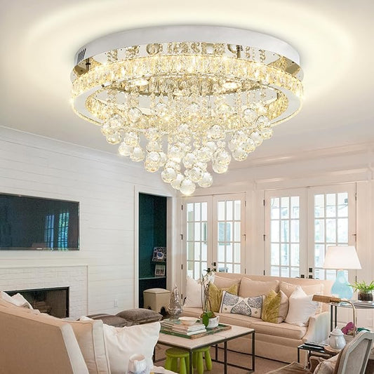 24" Modern Crystal Chandeliers for Dining Room Chrome Ceiling Chandelier Flush Mount Crystal Ceiling Light for Bedroom Living Room Hallway