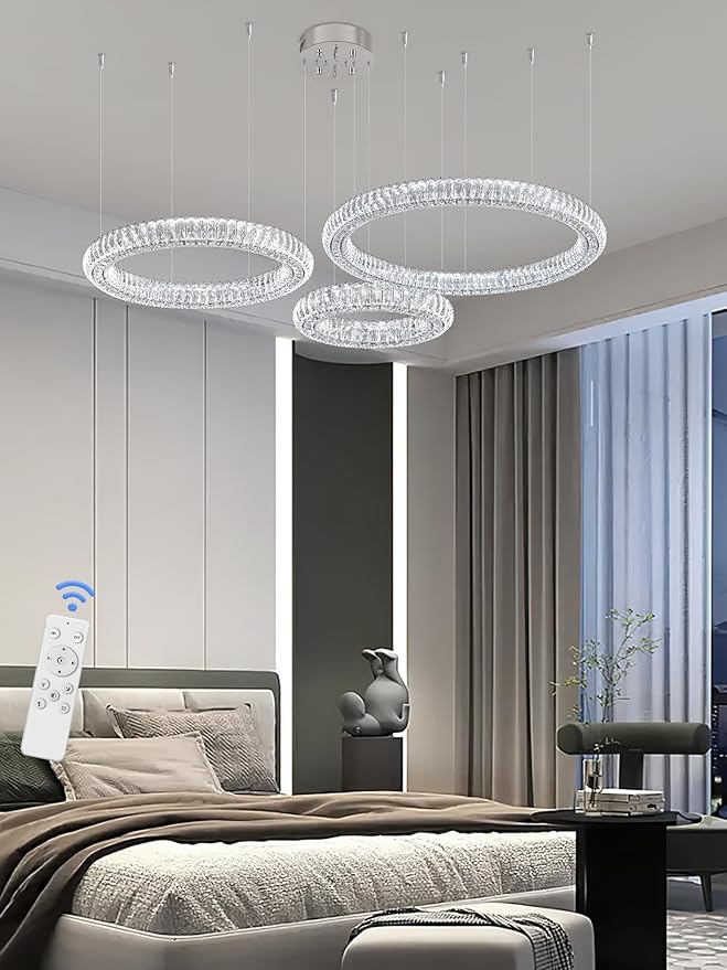 32"+24"+16" 3 Rings Crystal Chandeliers Lighting and Hanging Ring Adjustable, Stainless Steel Ceiling Light