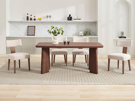 Wooden Dining Table Set of 4, Farmhouse Rectangular Dining Room Table with 4 Upholstered Beige Dining Room Chairs, Natural Frame, Modern Walnut Kitchen Table and Linen Chairs Set for Home