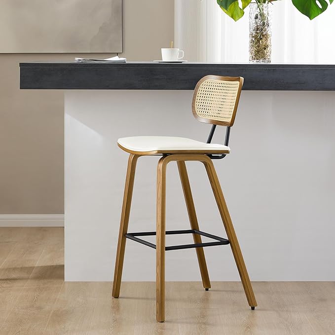 26" Counter Height Bar Stools Mid Century Modern Counter Stools, Wood Counter Stool with PU Leather Upholstered Bar Chair with Rattan Back, Counter Height Stools for Kitchen Island, Cream White