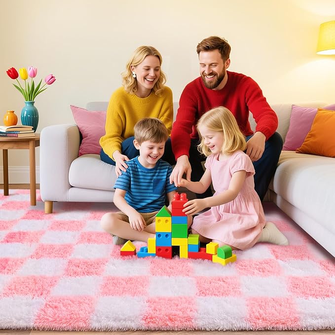 Checkered Rug for Living Room 8x10, Ultra Fluffy Fuzzy Shag Large Area Rug for Bedroom, Modern Plush Soft Upgrade Non-Slip Carpet for Kids and Girls Room Dorm Home Decor, Pink and White