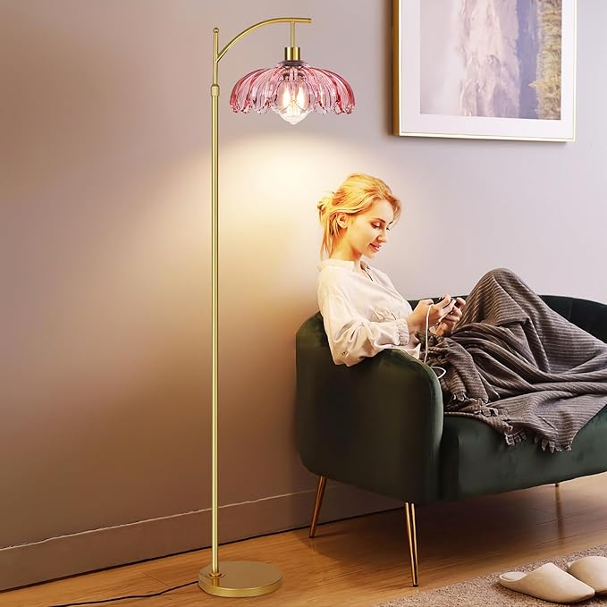 Floor Lamp for Living Room,Bedroom,Gold Dimmable Standing Lamp with Remote,Mid Century Modern Brass Tall Lamp Retro Vintage Pink Glass Lamp Floor Light Boho Bohemian