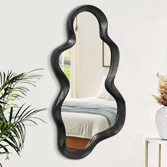 Black Asymmetrical Mirror for Wall Irregular Wood Frame Mirrors Modern Artistic Wavy Wall Mirror Decorative Vanity Bathroom Living Room Bedroom Entryway Hallway Cute and Stylish Cloud Mirror Large