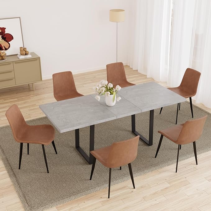 ZckyCine Modern Mid-Century Extendable Dining Table Set for 6-8 People | Expandable 51"-67" Wood Kitchen Table + 6 Upholstered Chairs | Stylish & Space-Saving Dining Room Furniture