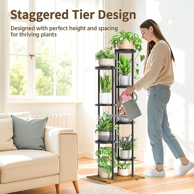 LASZOLA Black 7 Tier Plant Stand Indoor Heavy Duty Metal Planter Flower Holder Rack, Multi Modern Narrow Organizer, Floor Vertical Tower, Spiral Sturdy Decorate for House Bathroom Office Living Room