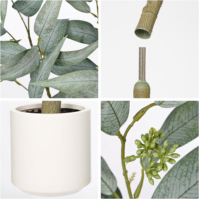 Artificial Eucalyptus Tree in White Pot – 4FT Faux Indoor Plant for Home Décor, Modern Greenery for Living Room, Bedroom, Office – Realistic Silk Leaves, Minimalist Planter