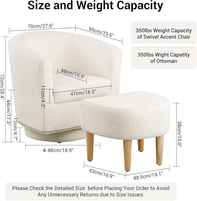 DAZONE Sherpa Swivel Accent Chair with Ottoman, Fluffy Teddy Barrel Chair Set, Comfy Upholstered Armchair for Living Room, Bedroom, Reading Nook, White