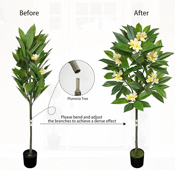Briful Artificial Plants Indoor 5.09ft Fake Tropical Plumeria Flowers Tree in Black Pot Hawaiian Yellow Plumeria Faux Frangipani Tree Potted Floor Plant for Home Office Wedding Decor