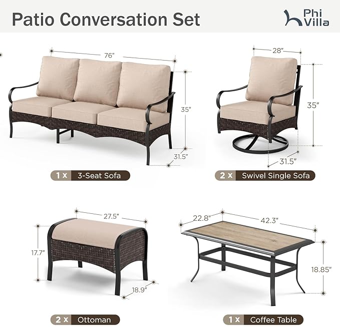 PHI VILLA Outdoor Modern Patio Furniture Set, Upgraded Wicker&Metal Patio Furniture Conversation Set with Waterproof Thick Cushions for Porch, Poolside, Deck, and Yard (6 Pieces,Beige)