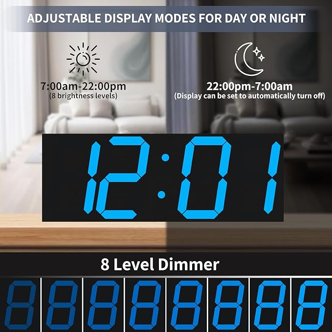 18.7in Large Digital Wall Clock,LED Digital Clock with Big Number,Multi-Function Remote Controlled Wall Clock with Timer, Alarm and Calendar Display(Blue)