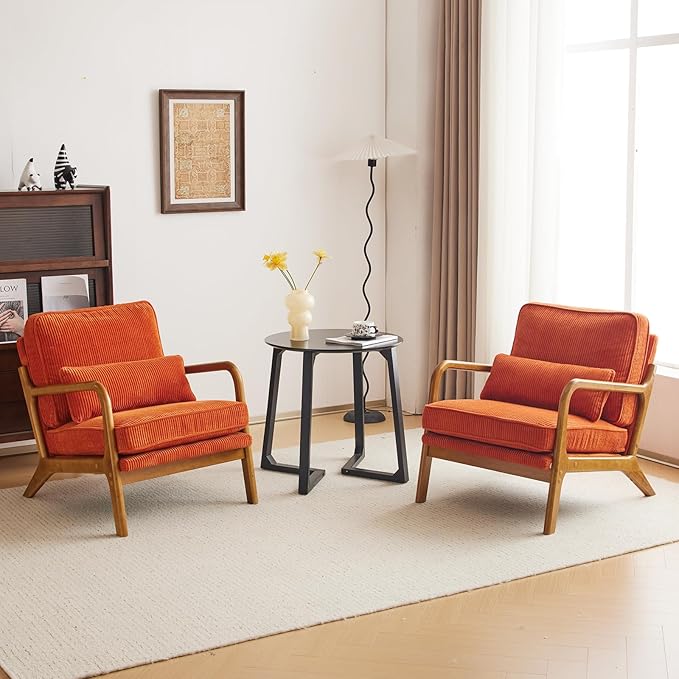 Karl home Mid-Century Modern Accent Chair, Living Room Chairs with Pillow Corduroy Upholstered Lounge Armchair with Solid Wood Frame & Soft Cushion for Bedroom, Reading Room, Orange