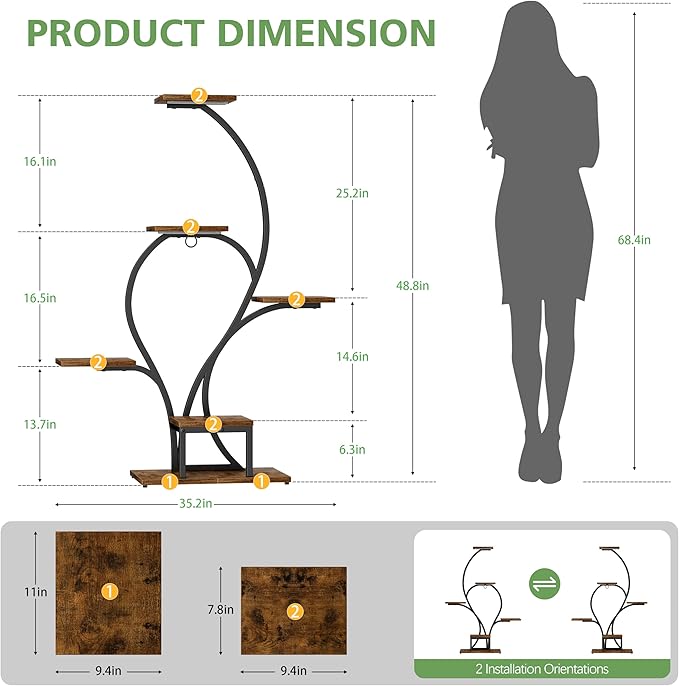 Plant Stand Indoor with Grow Lights - 6 Tiered Plant Shelf Indoor, 49" Tall Corner Plant Stands for Indoor Plants, Lighted Flower-Shaped Holder Stand, Display Rack for Living Room, Patio（Black)