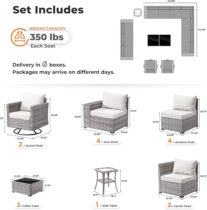 ovios 15 Pieces Patio Furniture Set, Outdoor Wicker Sectional Sofa with Swivel Chairs Coffee Table, Modern Modular Deep Seat Rattan Couch Conversation Sets, Beige