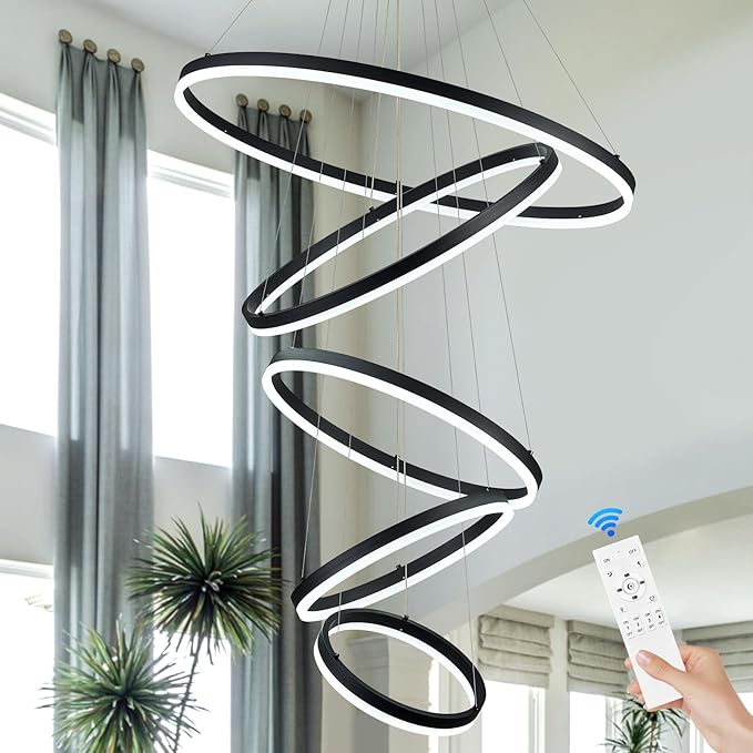 5 Rings D31.5 Modern LED Chandelier Black Large Dimmable Circular High Ceiling Chandeliers with Remote Control for Foyer Dining Room Living Room Staircase Villa, 3000K-6500K CCT
