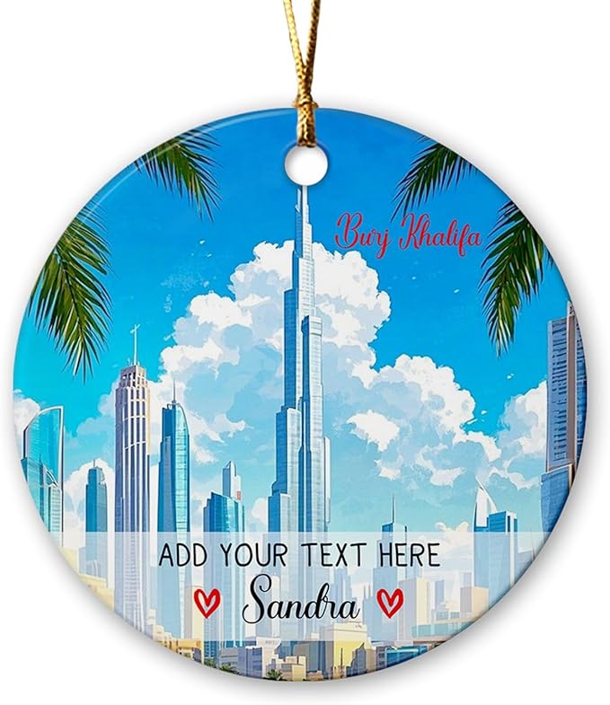 Burj Khalifa Ceramic Christmas Ornament Custom Text/Name, Personalized Burj Khalifa Tower Ornament Xmas Keepsake, Dubai Skyline Christmas Tree Hanging Ornaments, Dubai City in UAE Xmas Ornaments