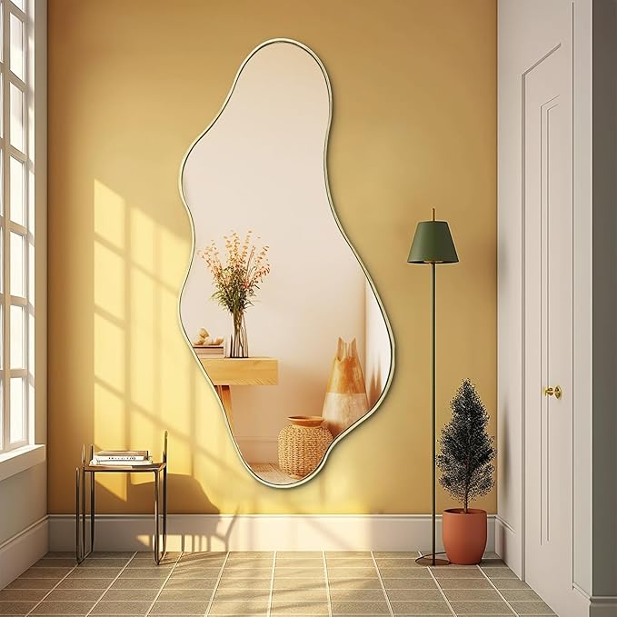 Large Irregular Mirror, 63"x29.2" Asymmetrical Mirrors Full Length, Abstract Wall Mirror Decorative, Waved Shaped Mirrors for Living Room Dressing Bathroom Bedroom Hallway Entryway