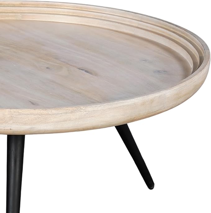 The Urban Port Urban Chic Coffee Table 30 Inch Round Tray Top, Handcrafted Mango Wood, Washed White and Black