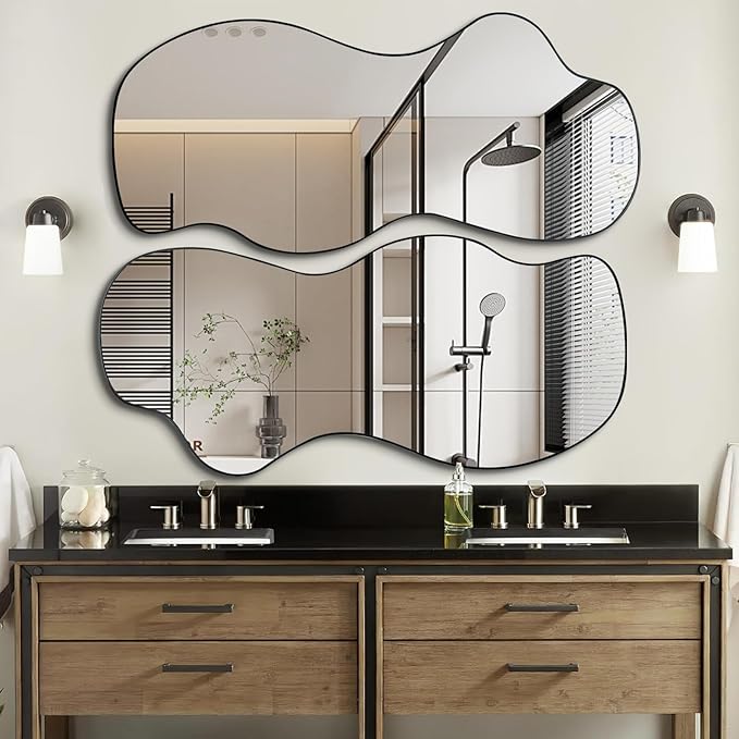 POZINO Irregular Wall Mirror, Asymmetrical Mirrors Decorative, 47.2"x21.6" Large Wavy Shaped Mirror, Modern Frameless Wall Mirrors for Living Room Bathroom Bedroom Hallway Entryway Fireplace