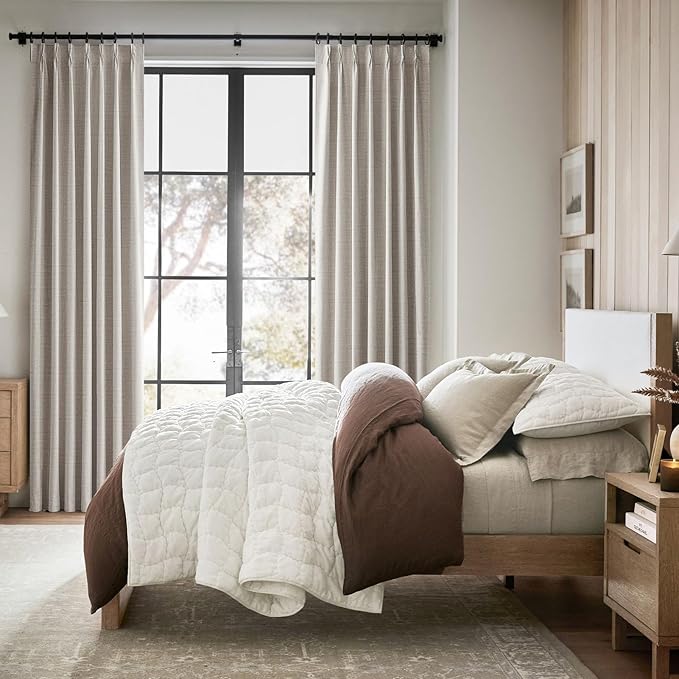 Pinch Pleated 92 Inch Curtains Blackout for Bedroom 2 Panels Set, Natural Linen Farmhouse Viral for 92-93 Inches Window Drapes Insulated Room Darkening Thick Patio Sliding Door with Back Tab Burg