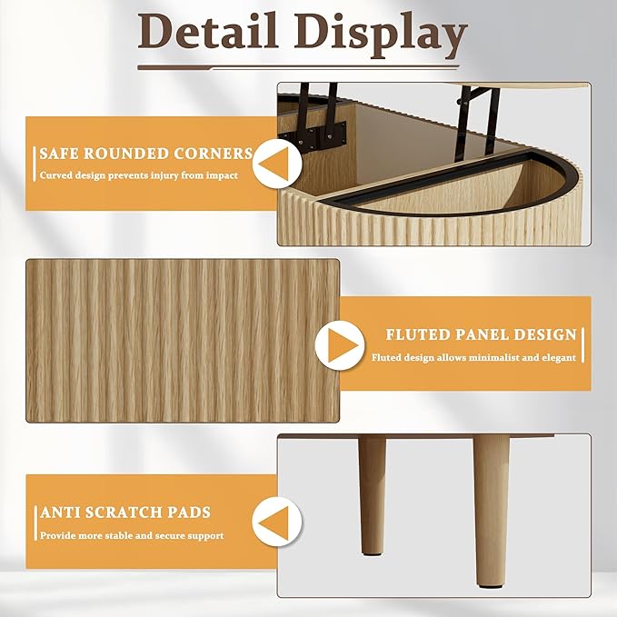 EAG Fluted Lift Top Coffee Table with Hidden Compartment, 39 Inch Modern Oval Coffee Table with 3 Storage, Fully Wooden Assembled Center Table for Living Room, Office, Natural