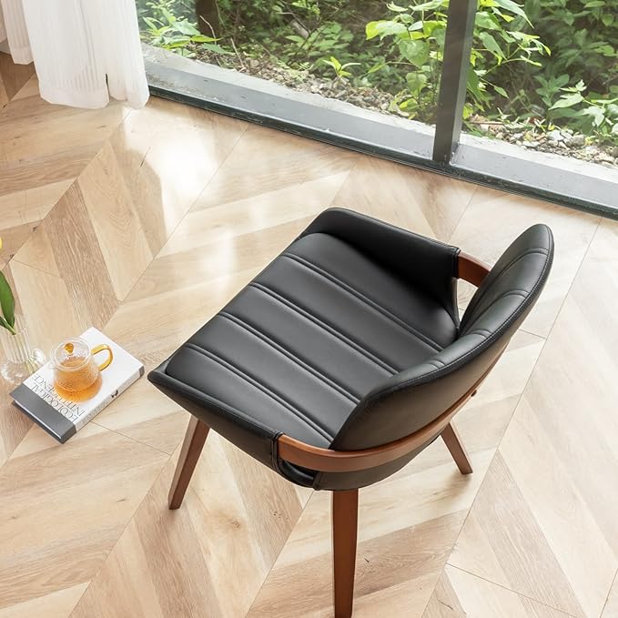 Mid Century Modern Faux Leather Upholstered Dining Chairs,Armless Accent Chairs with Sturdy Natural Wood Legs,Bamboo Backrest Support for Kitchen&Dining Room Chairs(Set of 2,Black PU)