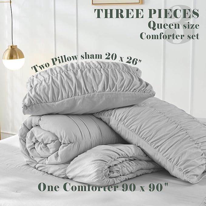 Bonlino Queen Comforter Set Light Grey Bedding - Ruched Comforter Queen Size Bed Set Boho Shabby Chic Comforter Fluffy 3 Piece Ruffle Comforter Set Pillow Girl Bedding Soft