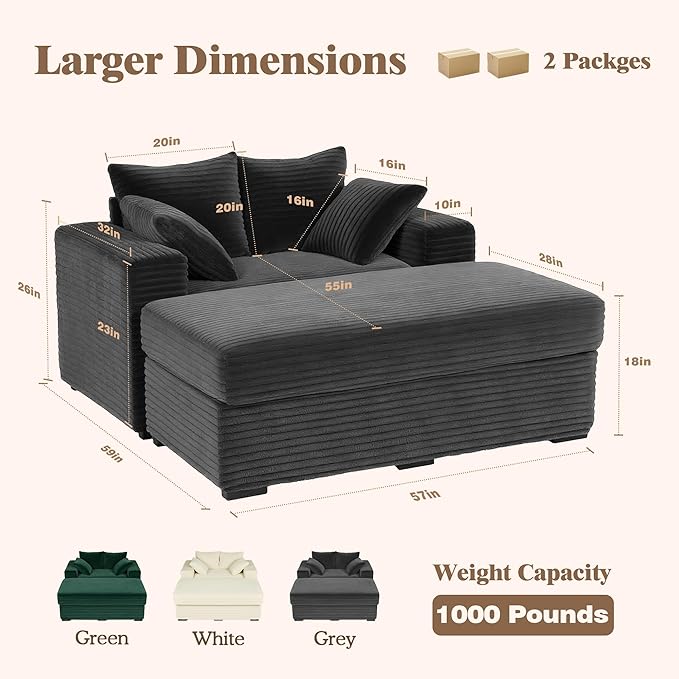 Indoor Chaise Lounge Chair With Storage Ottoman, Modern 60-Inch Lounge Sofa Chair With Wide Armrests & 4 Pillows, Oversized Comfy Reading Lounger For Living Room, Bedroom（Wide-Rib Corduroy Grey)