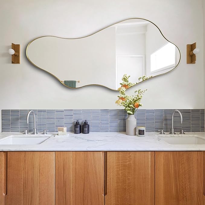 Irregular Wall Mirror, Gold Asymmetrical Mirrors, 47"x22" Wavy Shaped Mirror with Metal Frame, Modern Decorative Abstract Mirrors for Living Room Bathroom Bedroom Hallway Entryway