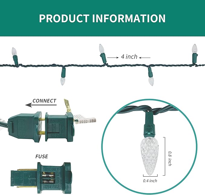 Christmas C3 Bulbs Light String 50 LED Multicolor Strawberry Xmas Tree Outdoor Indoor Waterproof Decoration Plug in 18 Feet Used for Patio Party Festive Courtyard Home (Cold White)