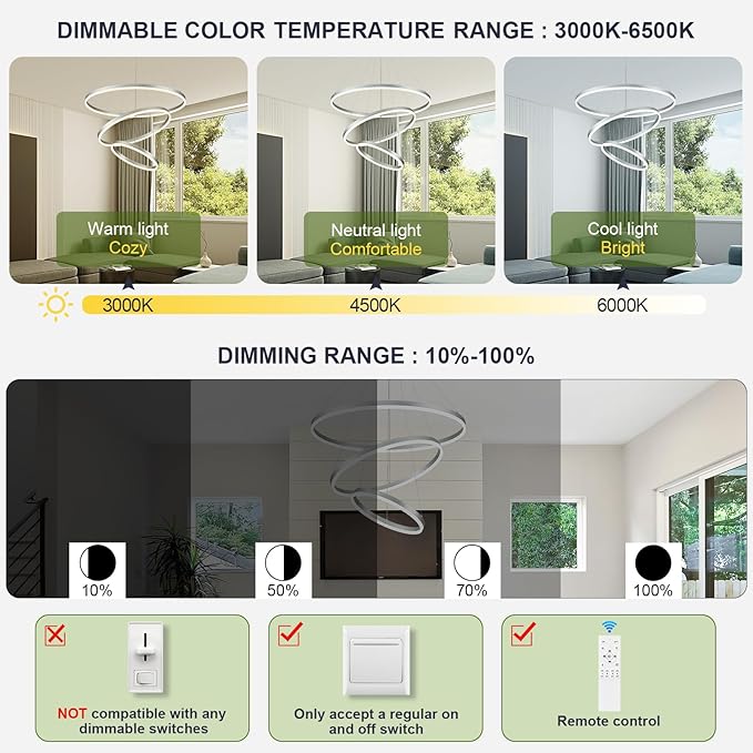 D31.5 3 Rings Modern LED Chandelier Silver Dimmable LED Pendant Light with Remote Control Circular Flush Mount High Ceiling Light for Dining Room Living Room Bedroom Foyer(3000K-6500K, H71)