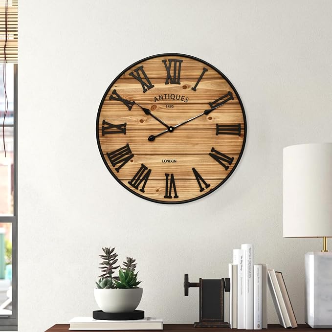 24 Inch Farmhouse Wall Clock - Antique Rustic Wood Finish, Silent Battery-Operated Timepiece with Stylish Decor for Home, Office, Kitchen, Bedroom & Living Room