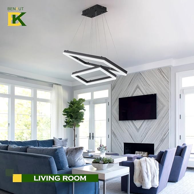 2 Rings Modern LED Chandelier Black 23.6inch Rectangle Dimmable LED Pendant Light with Remote Control 2 Tier Flush Mount High Ceiling Light for Dining Living Room Foyer(3000K-6500K, H59)