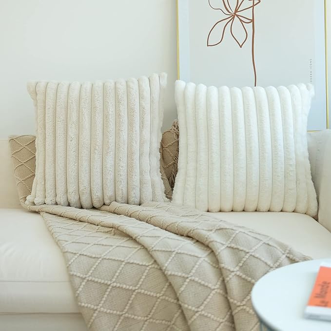 JOJUSIS Pack of 2 Faux Fur Plush Decorative Throw Pillow Covers Couch Cushion Case Soft Pillowcases (White, 18 x 18-Inch)