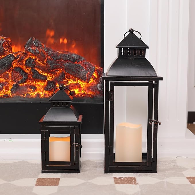 NEEDOMO LED Lanterns Decorative Outdoor&Indoor, Set of 2 Large Bronze Metal Lantern Decor with LED Candle, Lantern Decor for Porch, Patio, Garden, Balcony, Wedding, Spring Decorations (NO Glass)