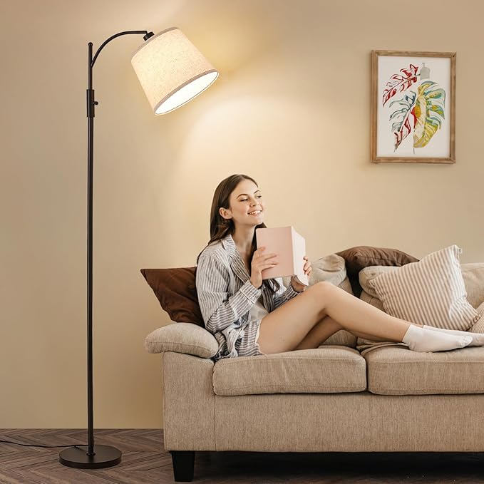 AIDENOEY Fully Dimmable Floor Lamp for Living Room，Standing Lamp Rotary Switch with Linen Beige Shade，Black Tall Lamps for Bedroom with Adjust Head，9W LED Bulb Included
