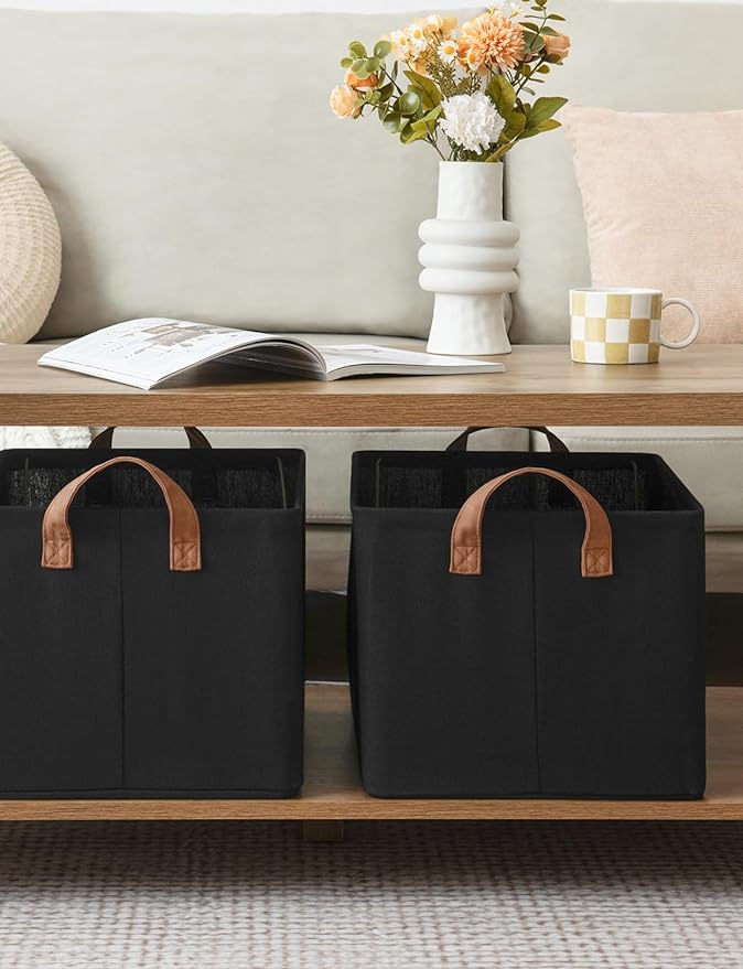 StorageWorks Storage Bins, Fabric Storage Bins for Shelves, Large Storage Baskets with Metal Frame, Closet Baskets and Bins with Handles, Black, 2-Pack