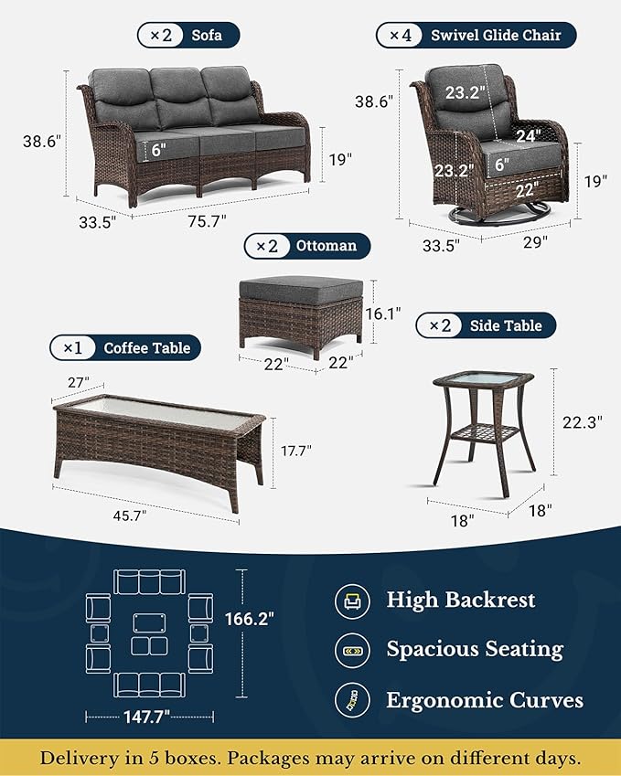 HILLGA Luxury Patio Furniture Set with 6-inch Thick Cushion, Outdoor Couch and High Back Swivel Rocker Patio Chairs, 11PCS Wicker Conversation Set for Deck Yard and Poolside, Dark Grey (V2)