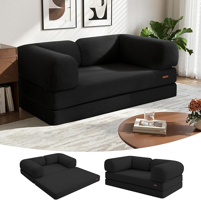 COMAX Folding Sofa Bed Queen, 4-in-1 Foldable Floor Couch Convertible Futon Sofa with Armrests Sleeper Mattress Chair Bed Comfy Portable Fold Out Lounge Guest for Living Room Bedroom, Black