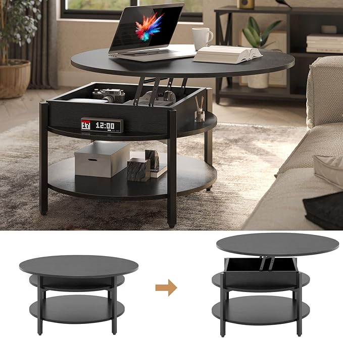 FABATO Round Lift Top Coffee Table with Storage and Hidden Compartment, 26.77'' Farmhouse Coffee Table for Living Room Reception Room, 2 Tier Small Round Coffee Table Circle Dining Table, Black