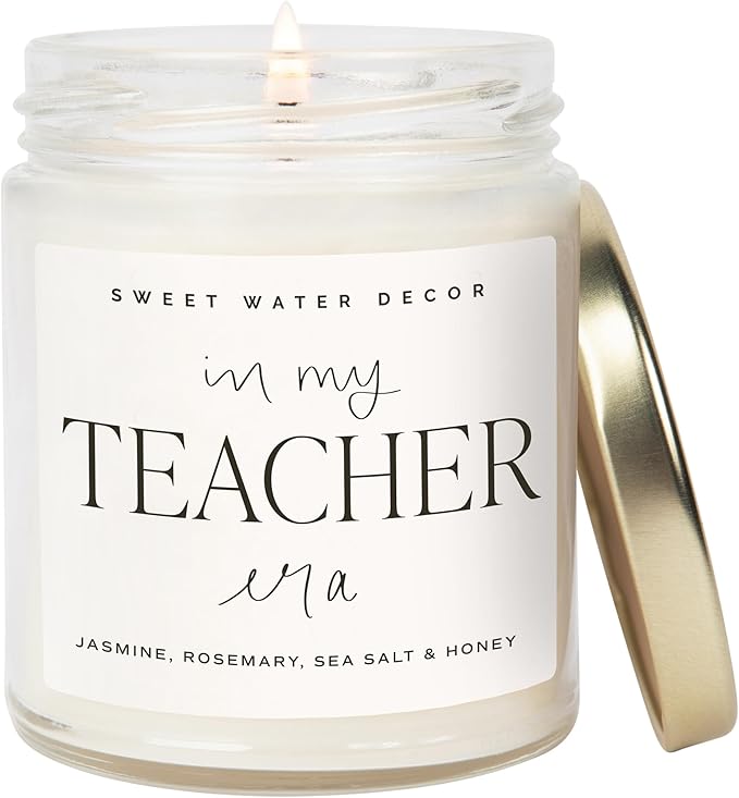 Sweet Water Decor in My Teacher Era Candle - Teacher Appreciation Gift - Jasmine, Rosemary, Sea Salt Scented Candle - 9 oz Soy Candle in Clear Jar with 40+ Hours Burn Time - Gifts for Teachers