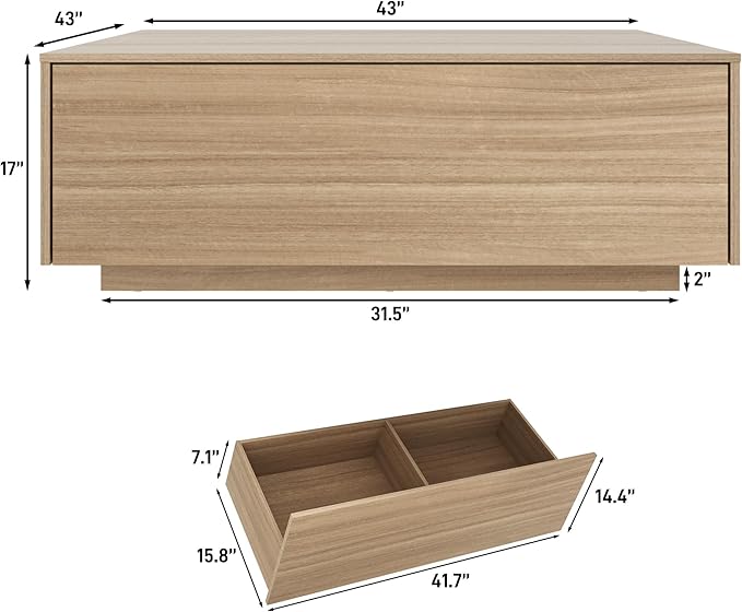 43” Square Coffee Table with Storage, 43" D x 43" W x 17" H Modern Large Square Center Table with 2 Drawers, Wood Coffee Table for Living Room, Light Brown,Bedroom,Light Brown