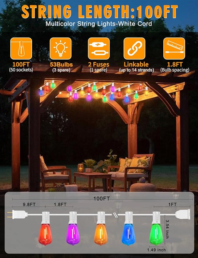 Achin Colored Outdoor String Lights White Cord - 100FT Multicolor Patio Lights with 50+3 LED ST38 Bulbs Shatterproof Colorful String Lights for Bistro Christmas Party Holiday
