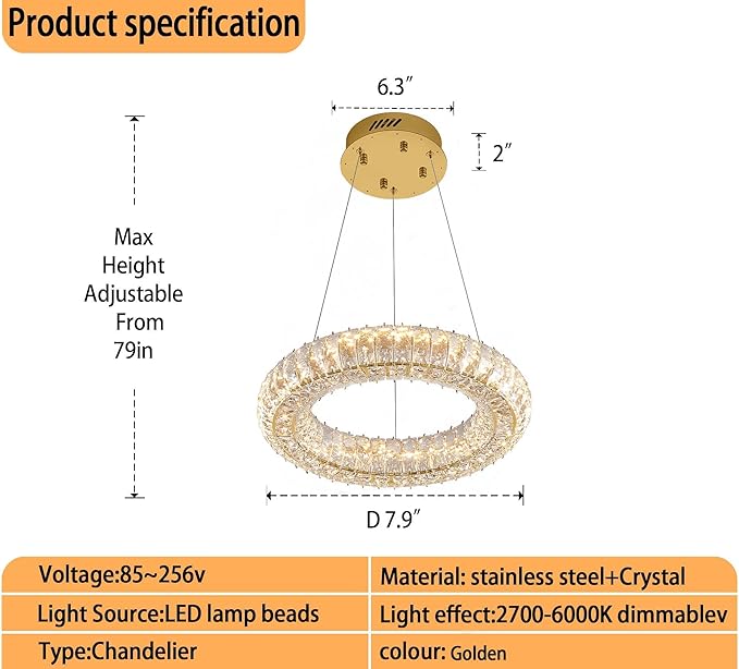 Modern LED Gold Ring Pendant Light 7.8" Dimmable Crystal Chandelier Adjustable Round Crystal Chandelier Light Fixtures for Dining Room Living Room