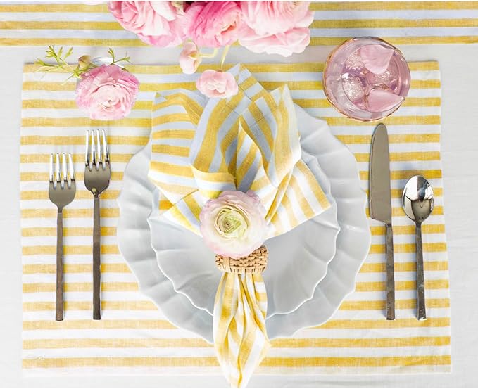 Solino Home Linen Placemats Set of 4 - Amalfi Stripe Primrose Yellow and White Placemats 14 x 19 Inch - 100% Pure Linen Place Mats