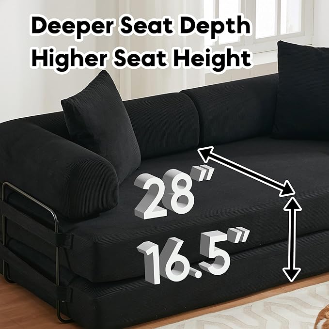 Convertible Sleeper Sofa Bed with Cylindrical Pillow, Corduroy Folding Mattress Couch with Fixed-Shape Frame, Floor Sofa Lounge Couch for Living Room Bedroom Lounge Studio-Black