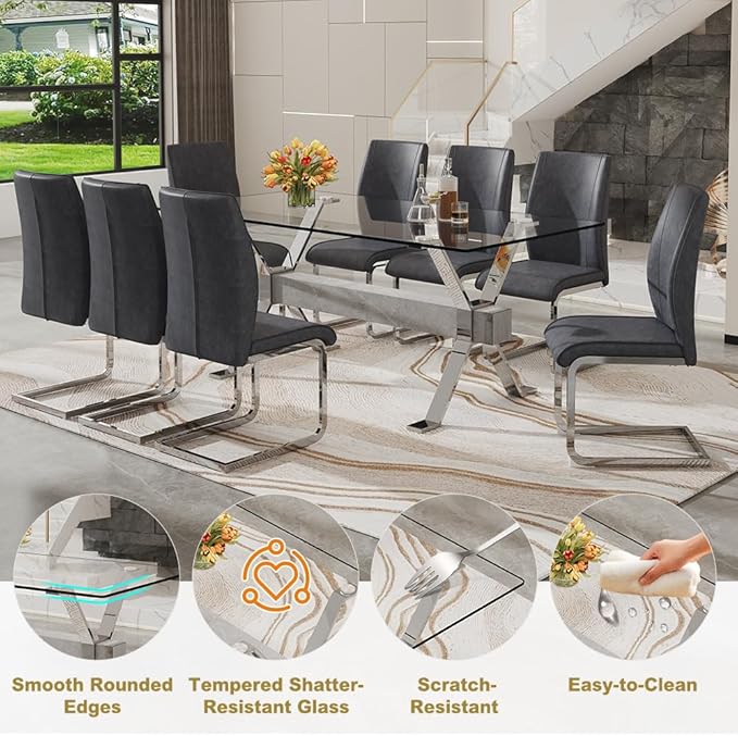 71'' Glass Dining Table Set for 8,9 Piece Dining Table Set with Tempered Glass Tabletop and Open‑Frame X‑Shaped Metal Base,Kitchen Table and Chairs Ideal for Dining Room&Home Office