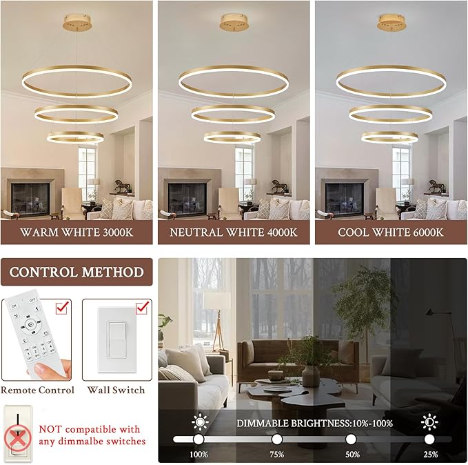 3-Rings Modern LED Chandelier Gold, Dimmable Pendant Lighting with Remote Control Circular Flush Mount High Ceiling Light for Living Room Dining Room Foyer, 3000K-6500K D31.5’’