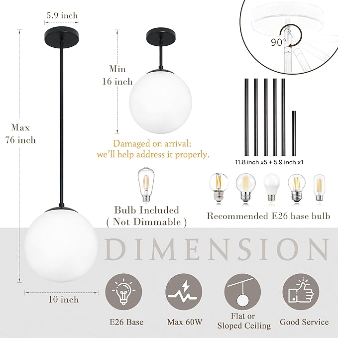 10 Inch Globe Pendant Light Contemporary Globe Pendant Lights Black Mid Century Pendant Light Adjustable Hanging Light Fixture Matte Black Finished with Milk Glass Lampshade for Kitchen Island
